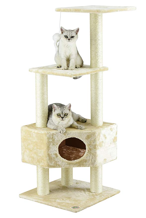 go pet club cat tree beige color shown with two cats lounging.