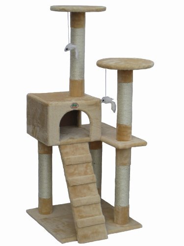 Go pet club cat tree with ramp, sisal wrapped posts and two platforms. Beige.