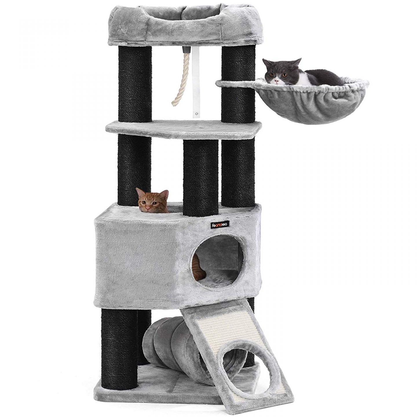 Super cute black and grey cat tree with tunnel. You won't believe how affordable it is!