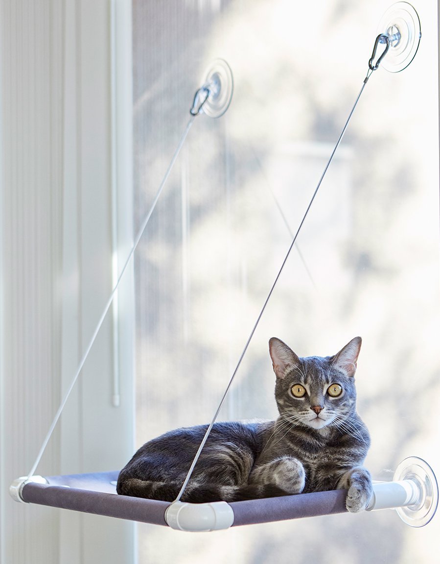 This stylish grey micro-suede window cat hammock is just what the doctor ordered for your window loving cats.  Industrial strength PVC makes it strong and sturdy too!