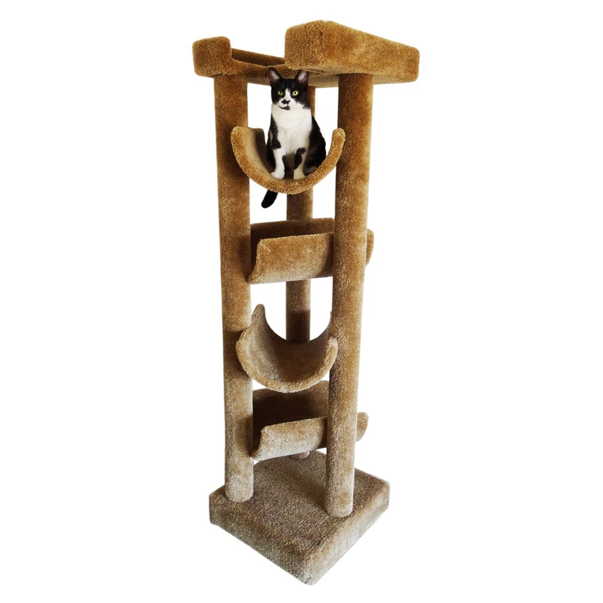 Five Level Half Tube Carpeted Cat Tree - This super cool 72 inch cat tower has a bumpered bed on top and four half tube platforms braced between it's three solid wood supports. Won't Tip! Has room for lots of kitties to play even large cats!