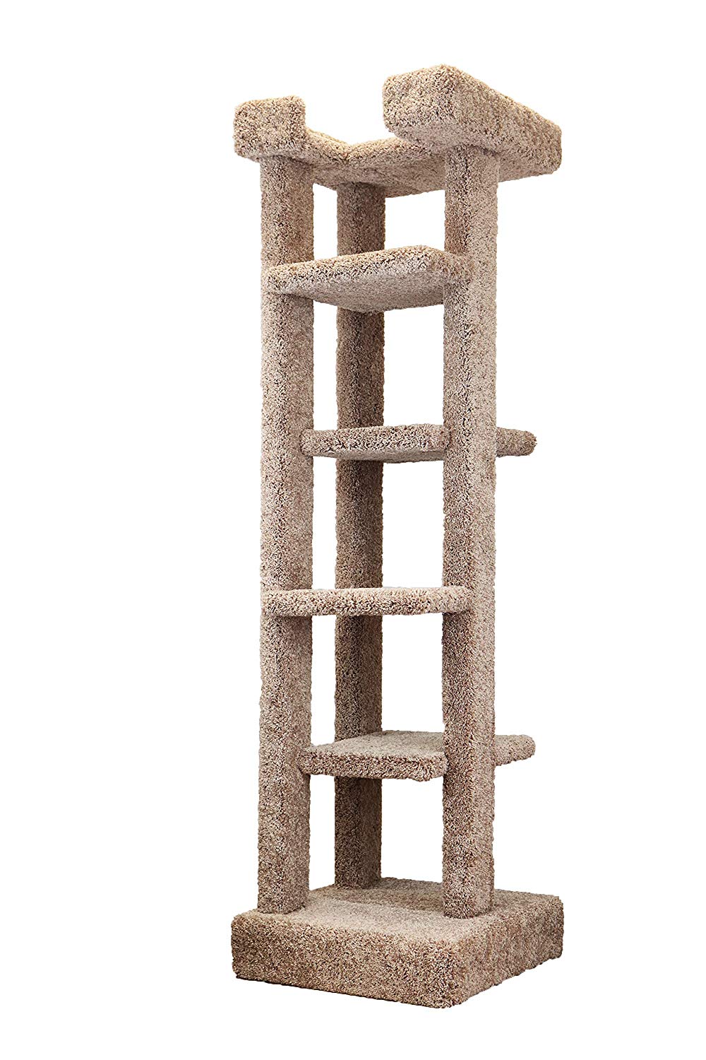 Five Tier Carpeted Cat Tree For Large Cats - Elegant cat tree for large cats or multi cat homes. Platforms are offset for easy climbing. Solid wood posts and high end carpet that does not pull appart when cats scratch it! 