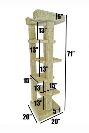 Five Tier Carpeted Cat Tree For Large Cats - Elegant cat tree for large cats or multi cat homes. Platforms are offset for easy climbing. Solid wood posts and high end carpet that does not pull apart when cats scratch it! 