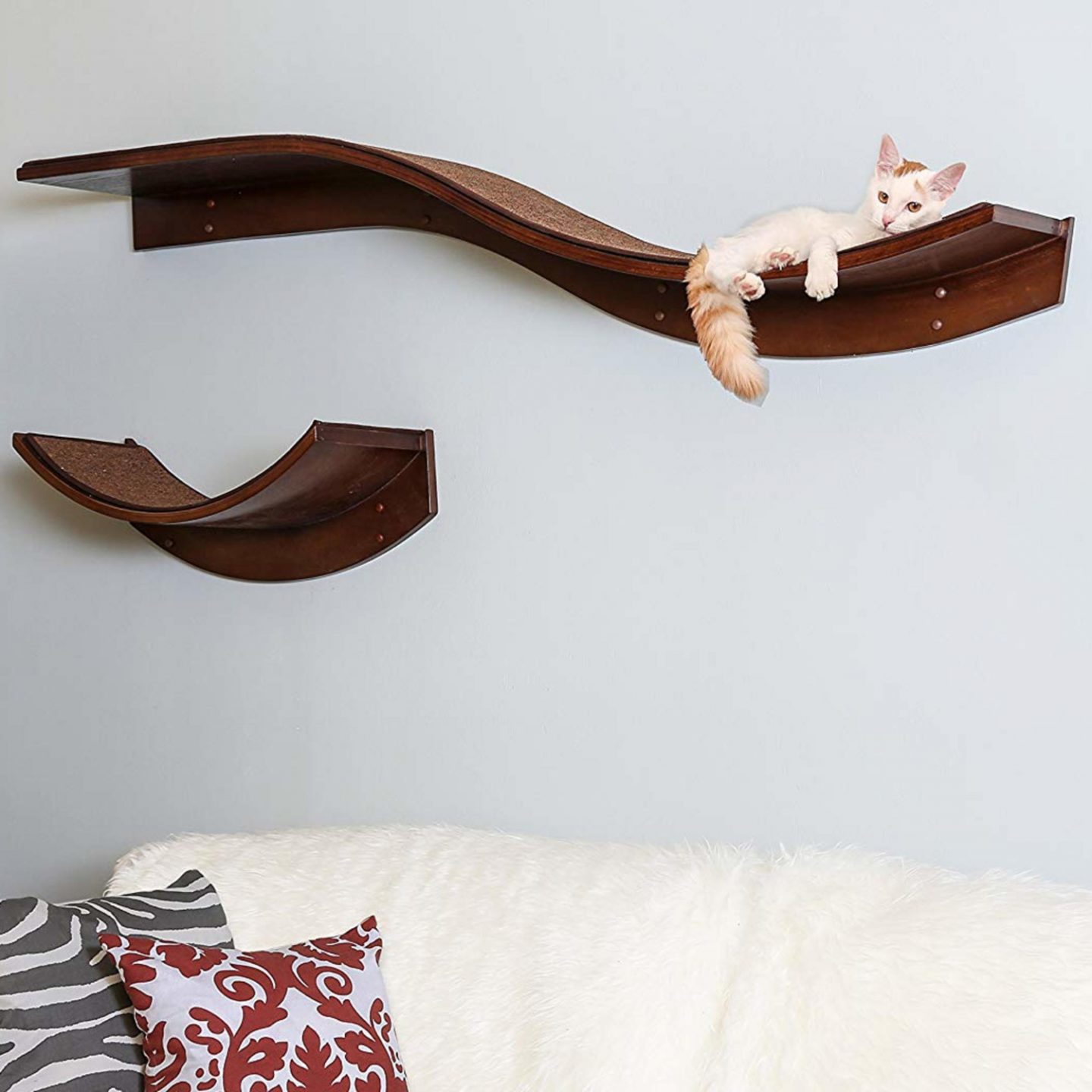 Sometimes the best cat shelves are elegant, curved and with replaceable carpet.  The refined feline lotus branch cat shelf has all of those things.  Okay, that's it for my cheesy commentary. 