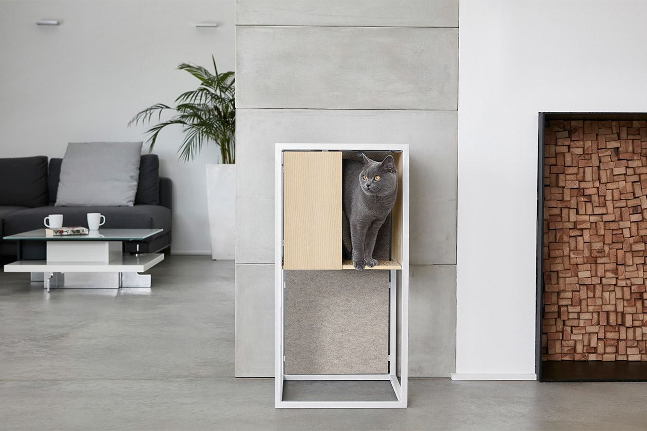 The Albergo is a square, minimalist mini cat tower white metal framing that will blend right in with your minimalist decor