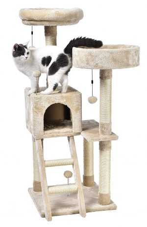 A multiplatform large cat tree for big cats that has built in toys and scratching posts.