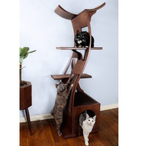 The mahogany finish on this lotus cat tower is just lovely.  It's easy to clean and stable enough for large cats.