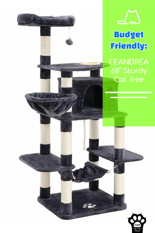This budget friendly tall cat tree is incredibly sturdy and delightfully plush.  The perfect place for your kitty to snuggle up and have a nap.