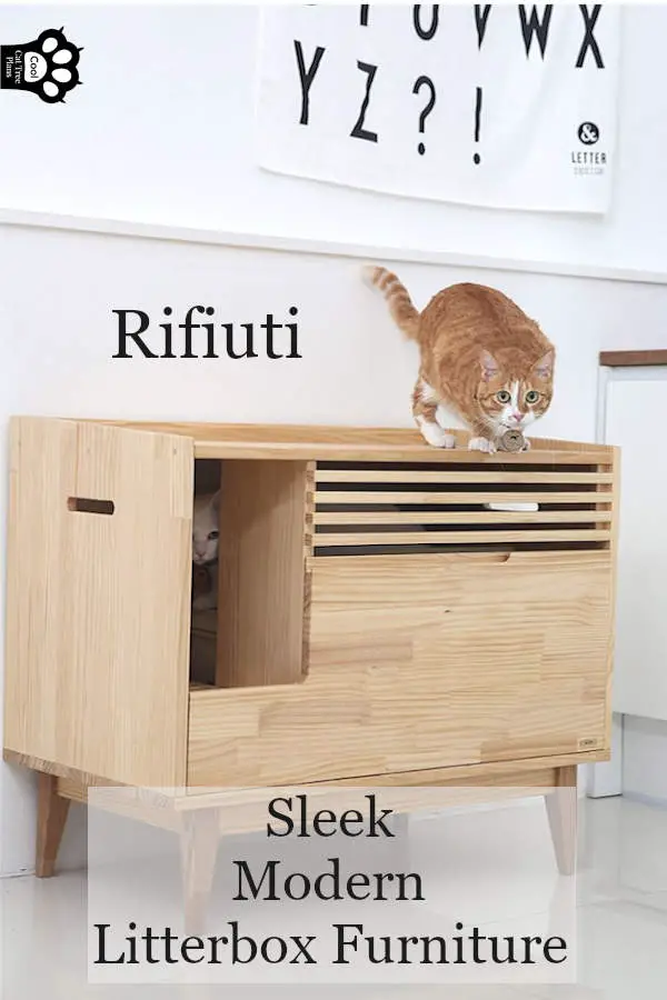 This is the Rifiuti, a modern, mid-century inspired litter box furniture.  It's a safe place for your cats to go that helps control litter scattering and looks so good your guests will never guess that a litter box is hiding inside.