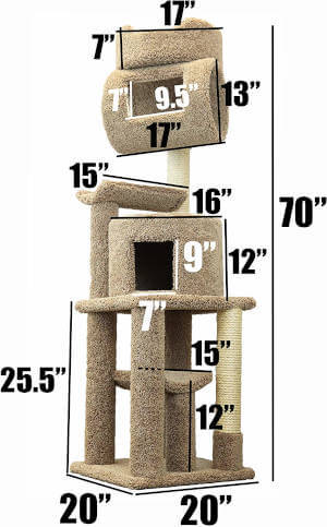 The exact dimensions for this multi-cat friendly solid wood cat tree.