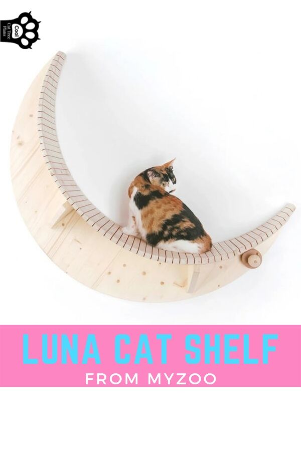 The Luna cat shelf from MyZoo is a solid wood cat shelf modeled after a crescent moon.