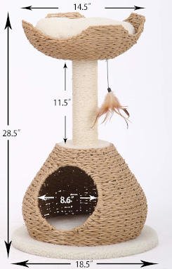 The specific dimensions for this paper rope, wicker style cat tree.