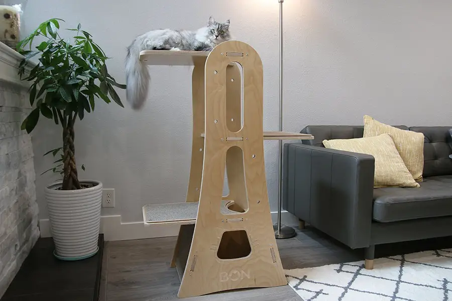 The Bijou cat tower is a beautiful cat tree made from baltic birch plywood.
