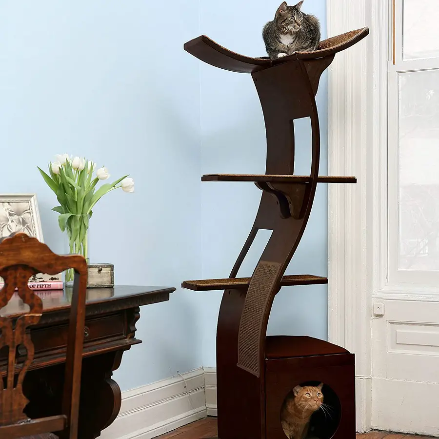 Classic elegance is how I'd describe this cat tree.  Dark wood finish with easy to remove and clean berber carpet on the plateforms.